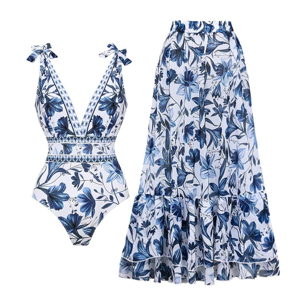 Flaxmaker V Neck Lace Up Printed One Piece Swimsuit And Skirt - L - Blue